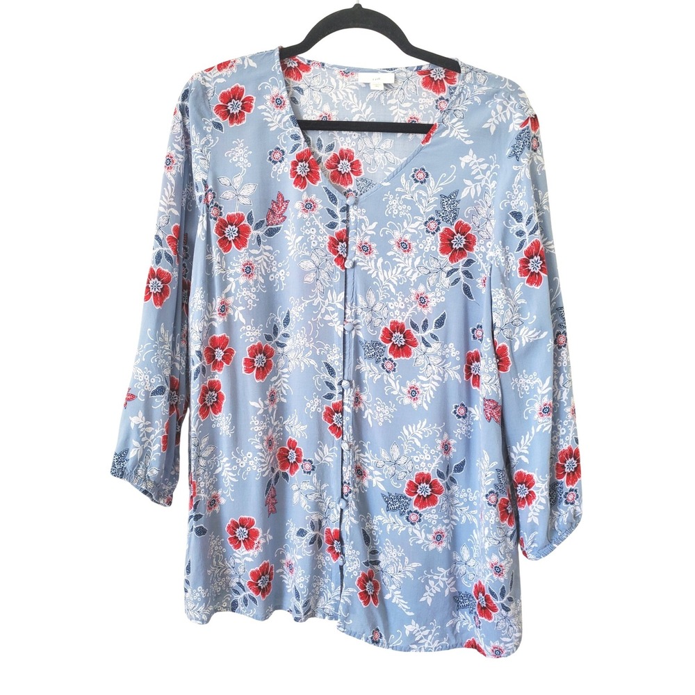 J. Jill Women Blue‎ Red Floral Rayon Button Front V-Neck Blouse Top Size L Tall